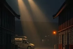 玻璃工厂的夏天电影剧照，厂房天窗透下的光柱