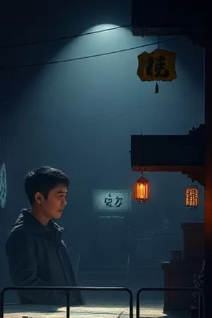 霓虹折旧电影海报，夜色旧城灯牌与修灯工身影